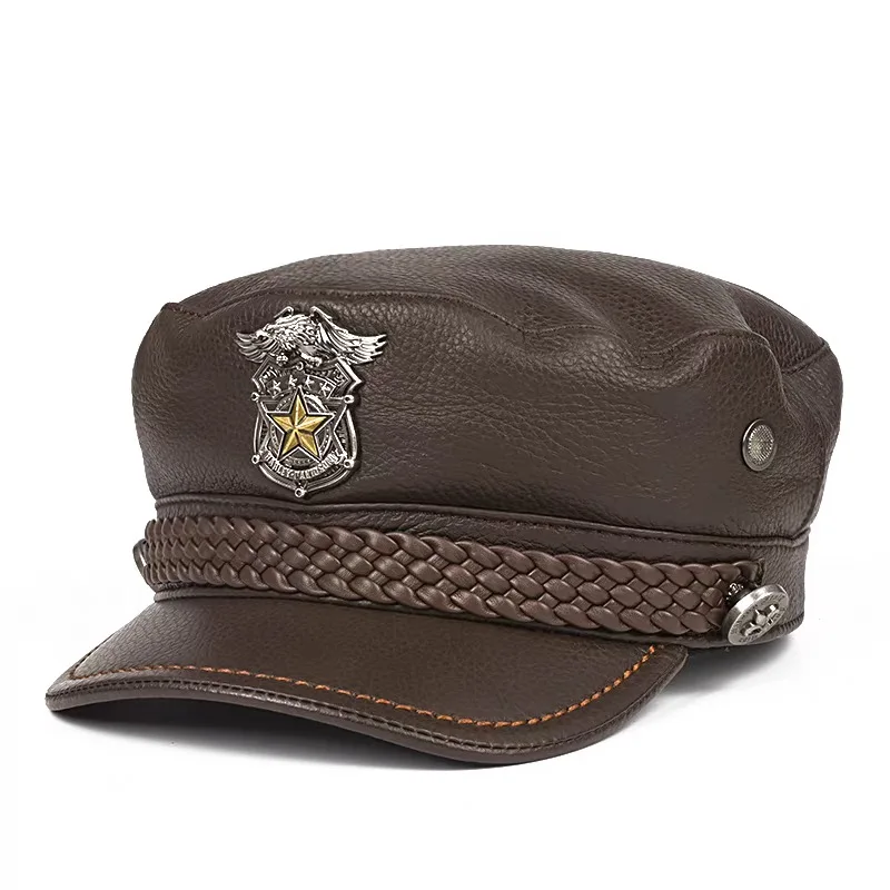 Retro Military Cap Man Genuine Leather Flat Top Hat Fashion Eagle Mark Braid Leather Punk Black/Brown Locomotive Casquette
