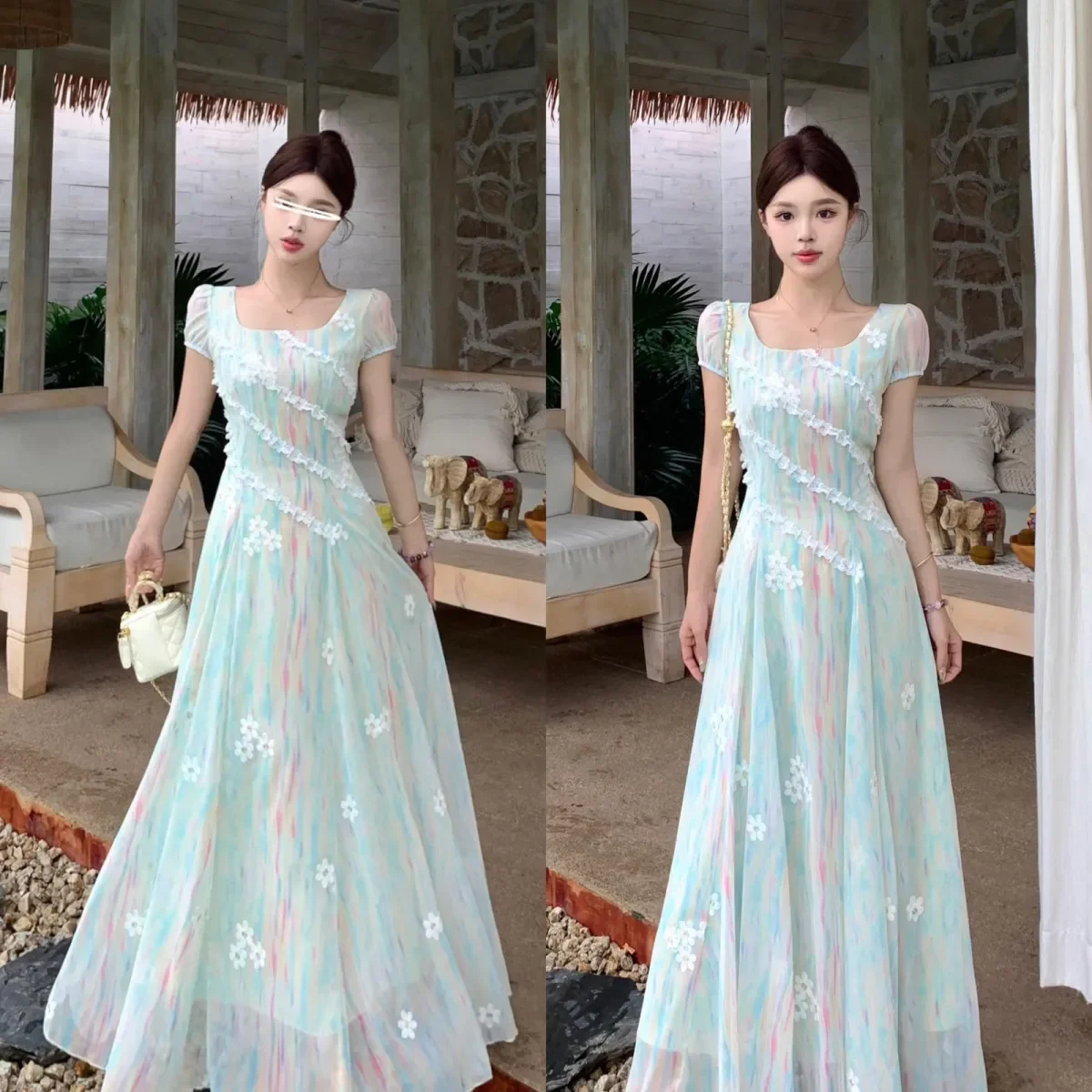 ภาษาฝรั่งเศสคําคุณภาพสูงชุดหวานผู้หญิง 2025 ฤดูร้อนใหม่แฟชั่น Chic พิมพ์ Slim ความยาวปานกลาง Pear Shape ชุดราตรี