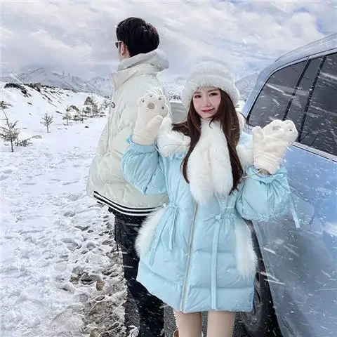 

Winter Womens Warm Coat Sweet Kawaii Bow Fluffy Navy Collar Pocket Lace Medium and Long Jacket Commuter Versatile Casual Cotton