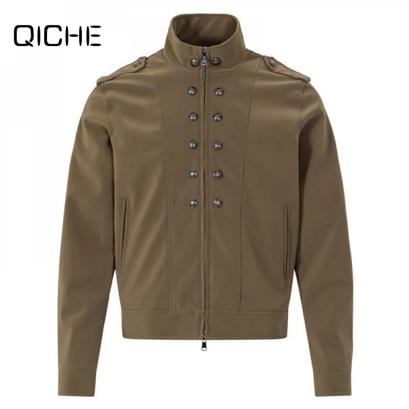 QICHE Men Women Retro Military Style Jacket Stand Collar Metal Double‑Row Buttons Epaulet Slim Fit Design Outer Coat
