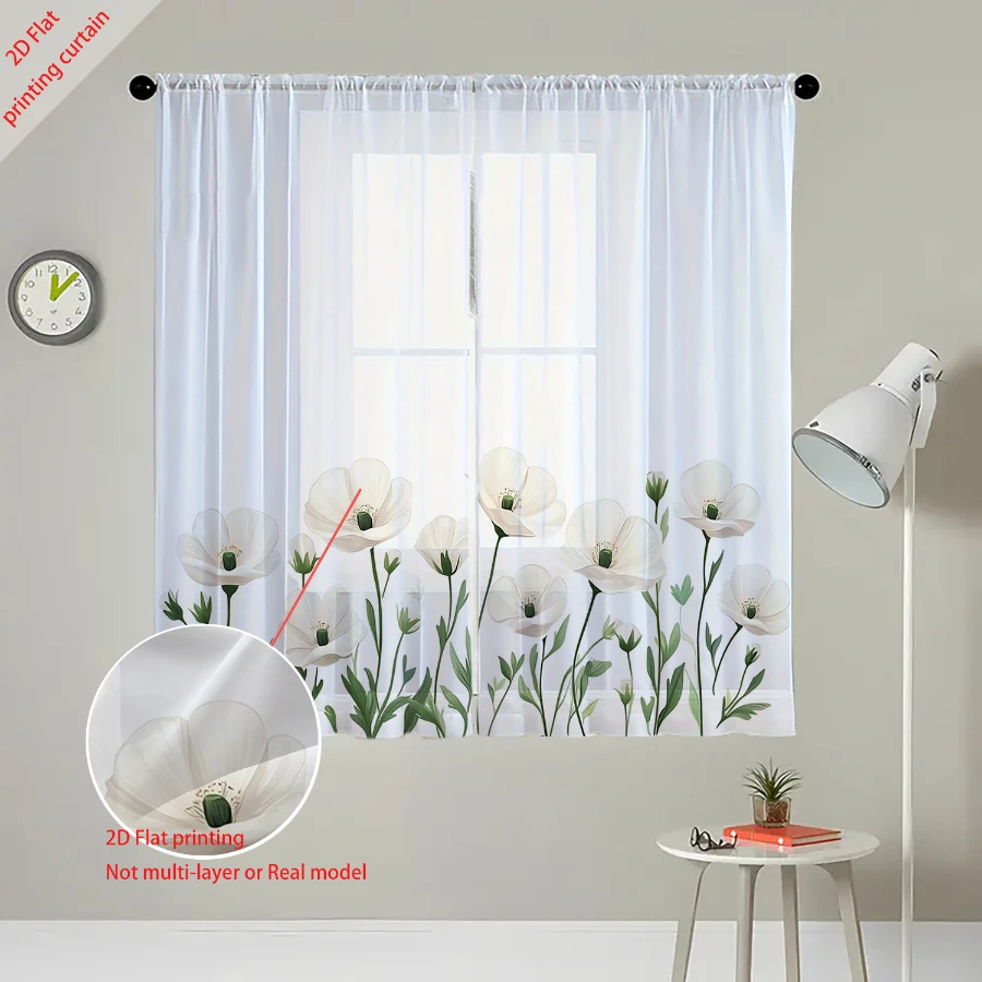 2PCS Digital Print Sheer Curtain, Green Branch White Poppy, Boho Chic Window Curtains for Living Room Bedroom Home Decor