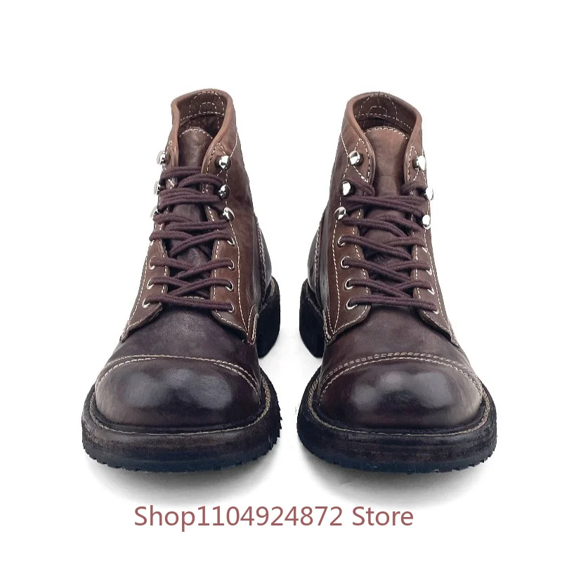 Vintage Genuine Leather Work Boots Men's Shoes High Top Lace Up Round Toe Washed Horsehide Casual Chelsea Ankle Boots Male