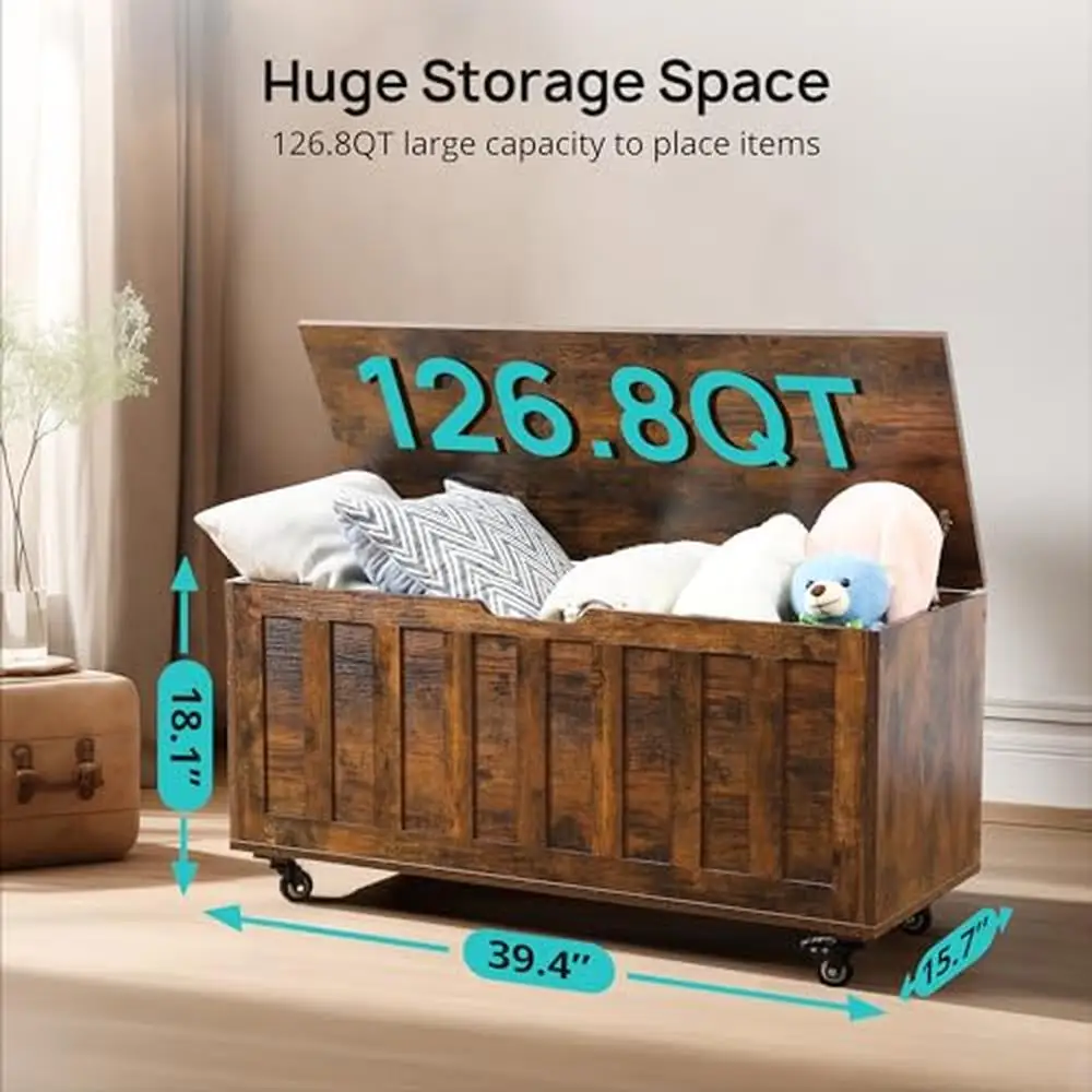 Houten Opbergbank Grote Binnenruimte Retro Speelgoeddoos 300 Lb Ondersteuning Slaapkamer Woonkamer Opbergkast 39.4 ''Wielen & Scharnieren