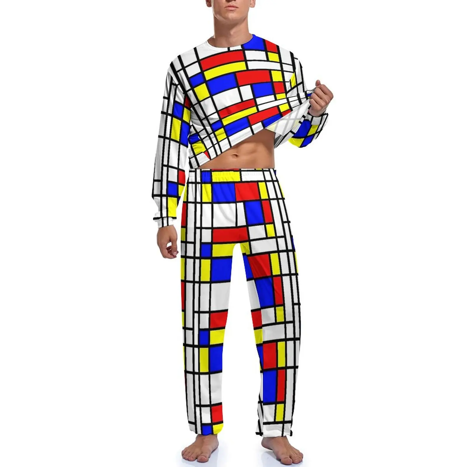 Pijamas con estampado Retro Mondrian, traje para casa estético de primavera para hombre, conjuntos de pijamas de moda de manga larga con patrón de 2 piezas