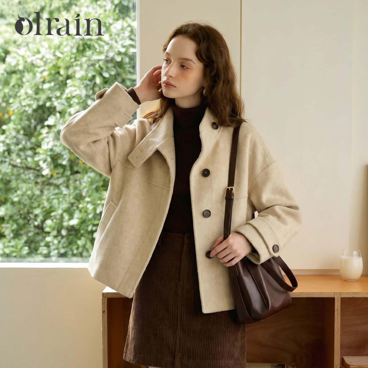 OLrain tweed jacket women's clothing 2026 autumn and winter new khaki French stand-up collar contrasting buttons GO58QS010366