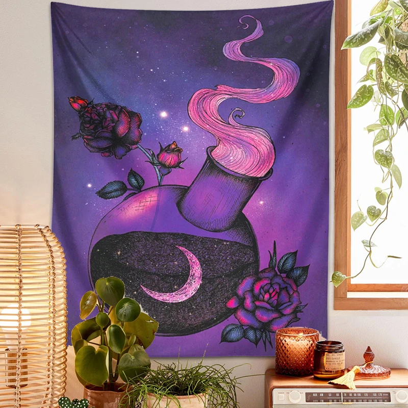 Rose Magic Tapestry Wall Hanging Psychedelic Purple Witchcraft Divination Flower Hippie Cloth Carpet Boho Room Home Decor Wall