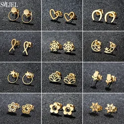 Simple U Shaped Stud Earrings for Women Vintage Daisy Rose Snowflake Lotus Earings Fashion Jewelry Stainless Steel Pendientes