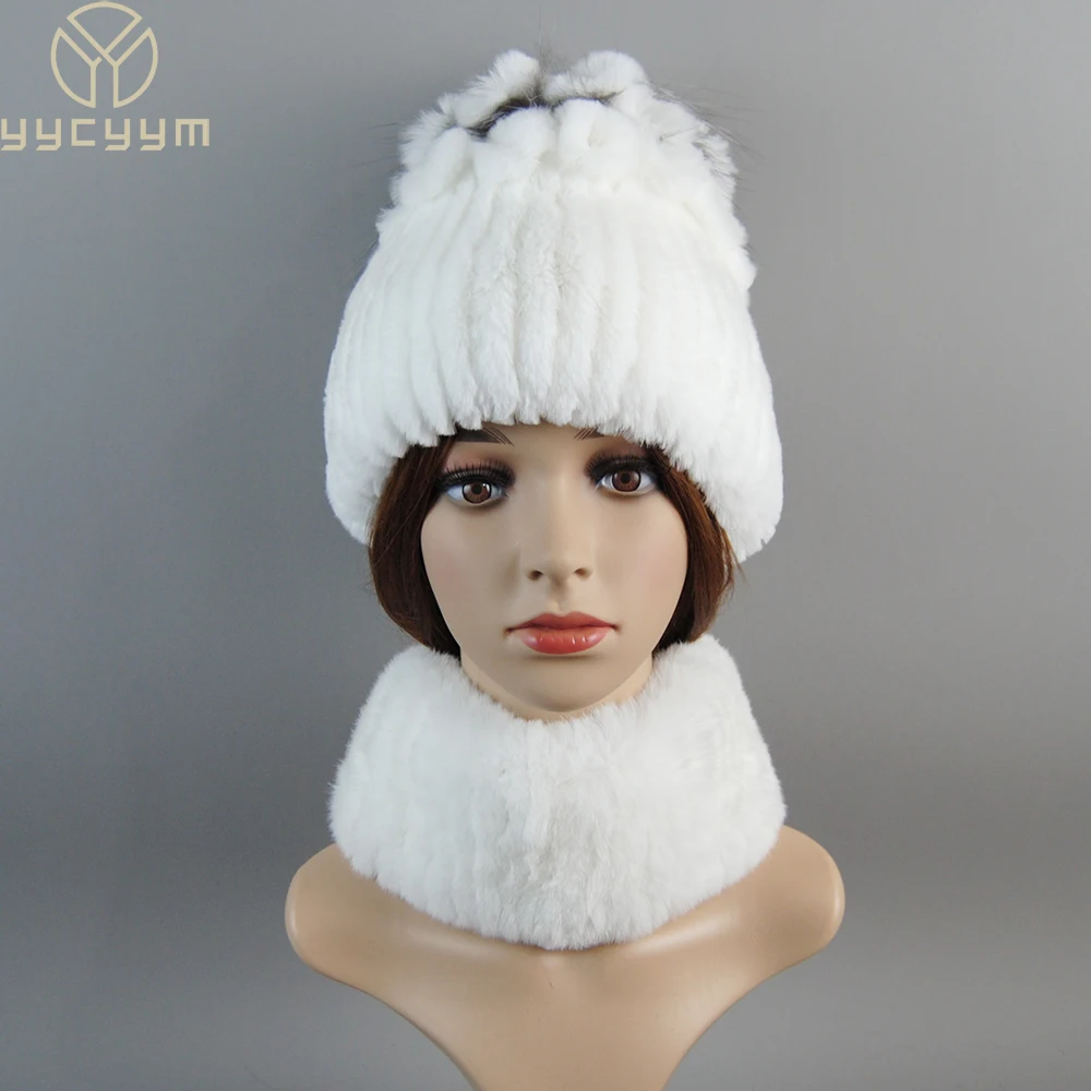 Ladies Real Rex Rabbit Fur Scarf Hat Set Good Elastic Winter Women Warm Natural Rex Rabbit Fur Muffler Cap Real Fur Scarves Hats