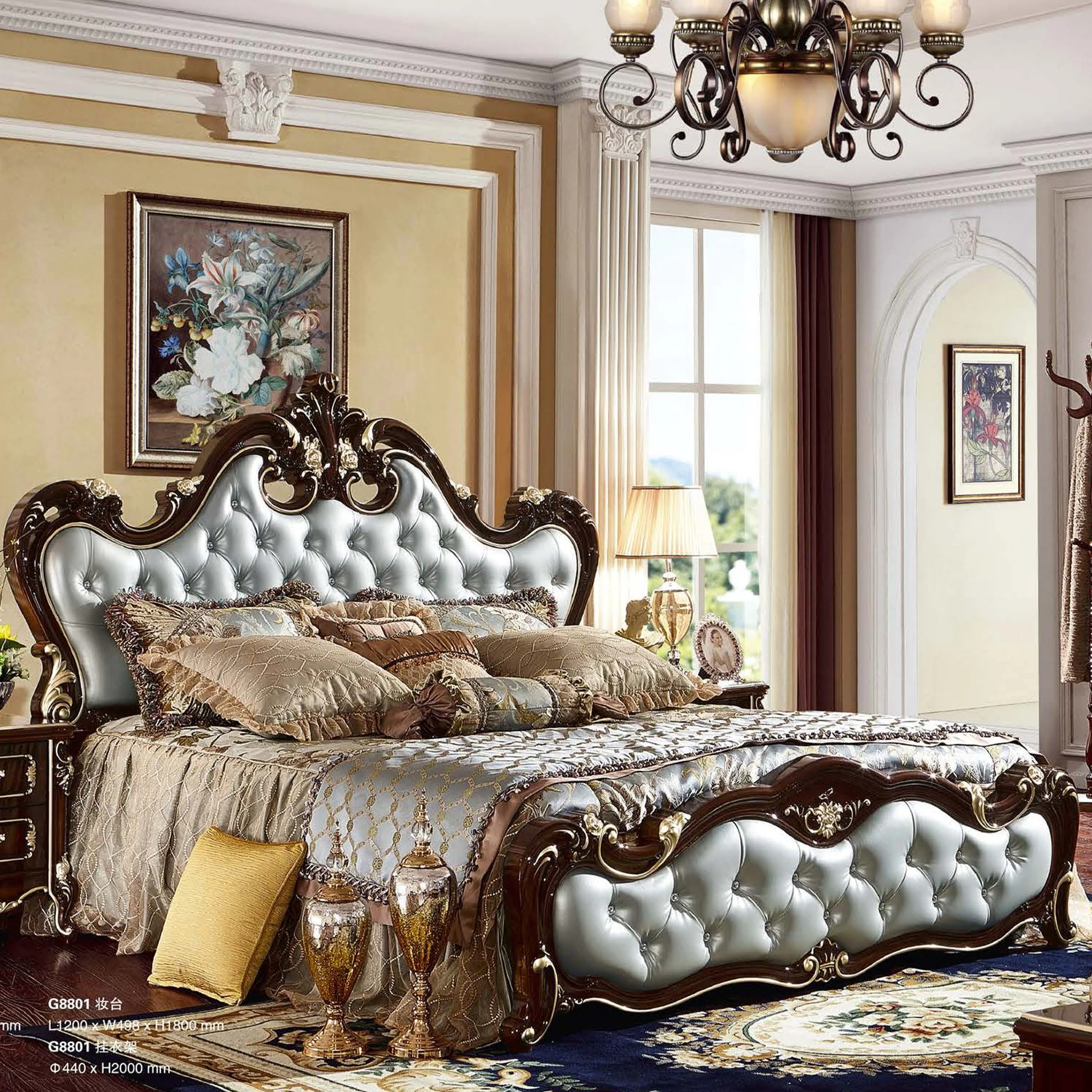 New Design French Luxury Bedroom Bed Furniture European Royal Classic Carved Queen king Size Solid Wood Frame Leather Double Bed