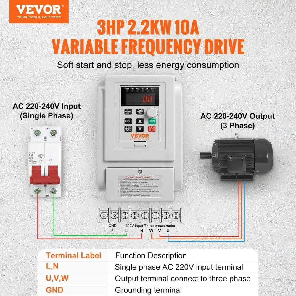 VFD 2.2KW 10A ตัวควบคุมไดรฟ์ความถี่ตัวแปรสําหรับมอเตอร์สามเฟส