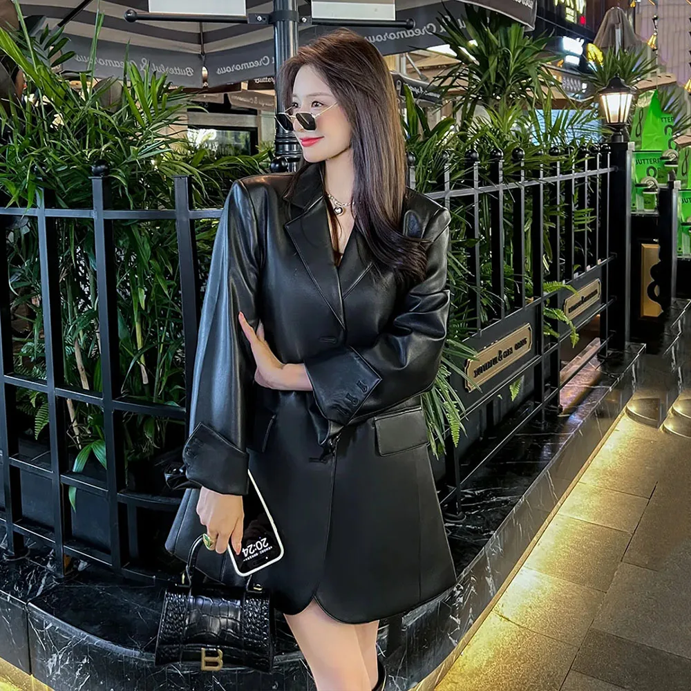 Faux Leather Woman Jacket Vintage Black Basic Blazer 2024 Spring Autumn Casual Female Long Sleeve Outwear Ladies Pu Leather Coat