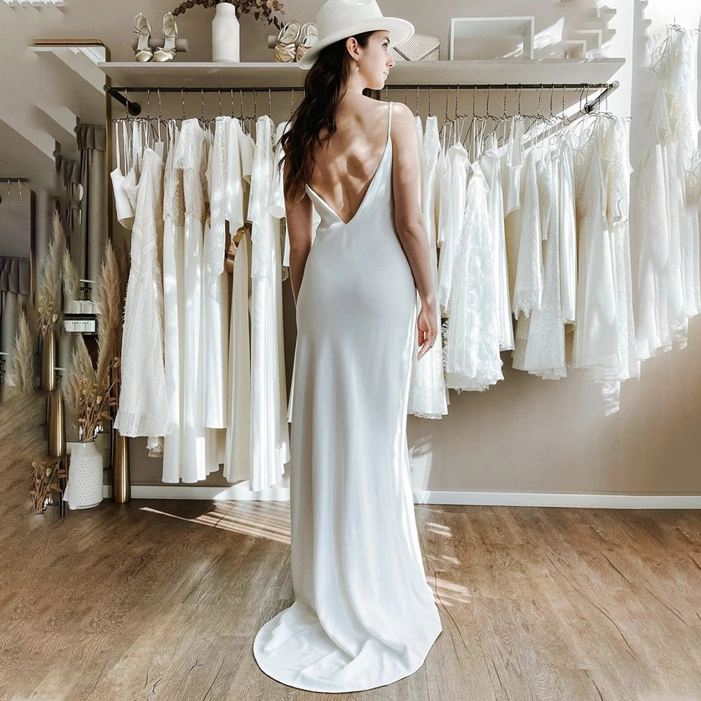 Simples mermiad cetim vestido de casamento com decote em v sem mangas sem costas varredura trem vestidos de noiva robe de mariee vestidos de novia customiz