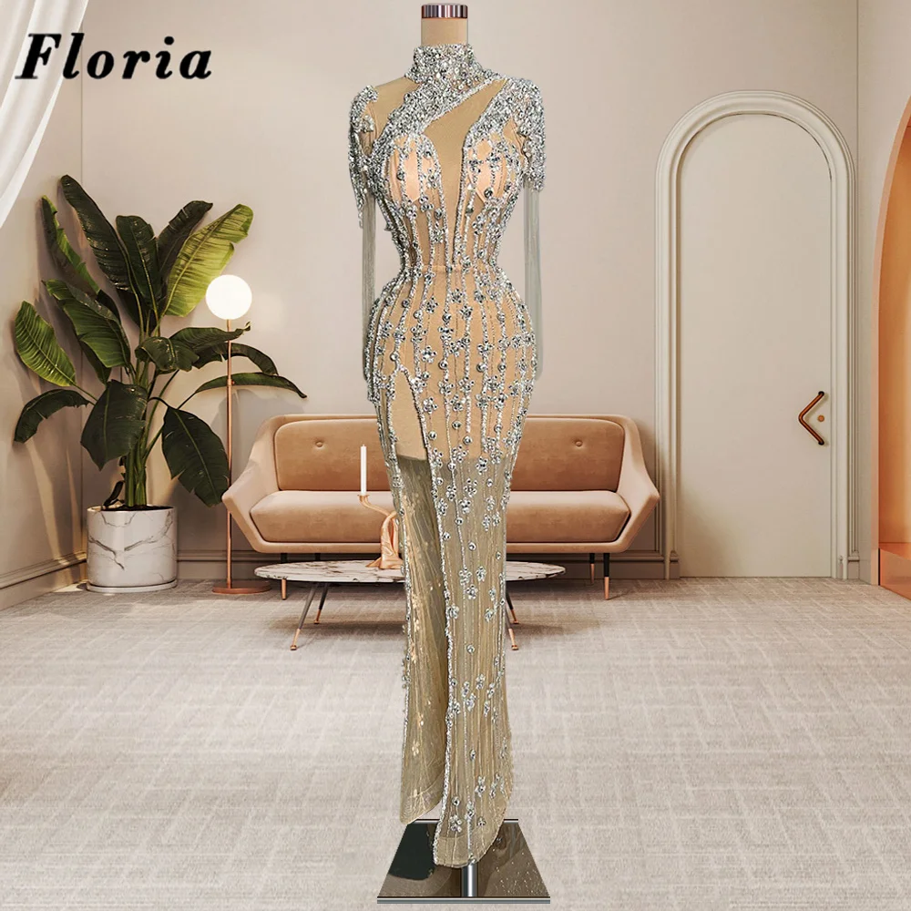 

Floria Customize Sliver Beading Evening Dresses Middle East Dubai Illusion Long Prom Dress High Split Side Party Gowns Vestidos