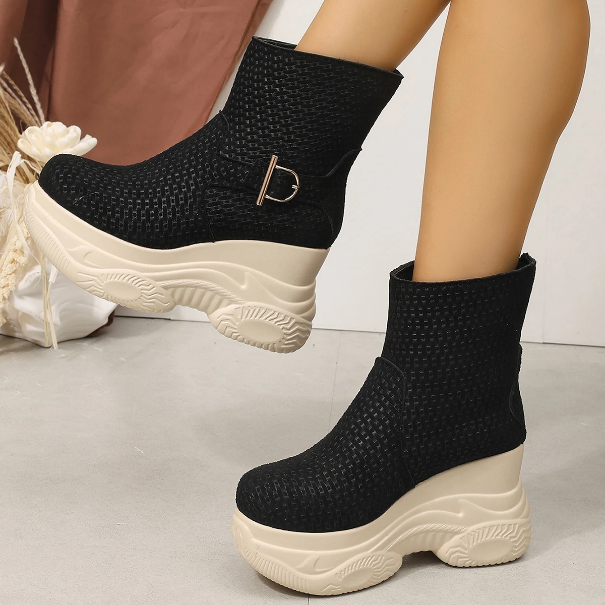 2026 New Women Ankle Boots Platform High Heels Shoes Chelsea Pumps Trend Sport Short Boots Buckle Suede Shoes Mujer Snow Botas