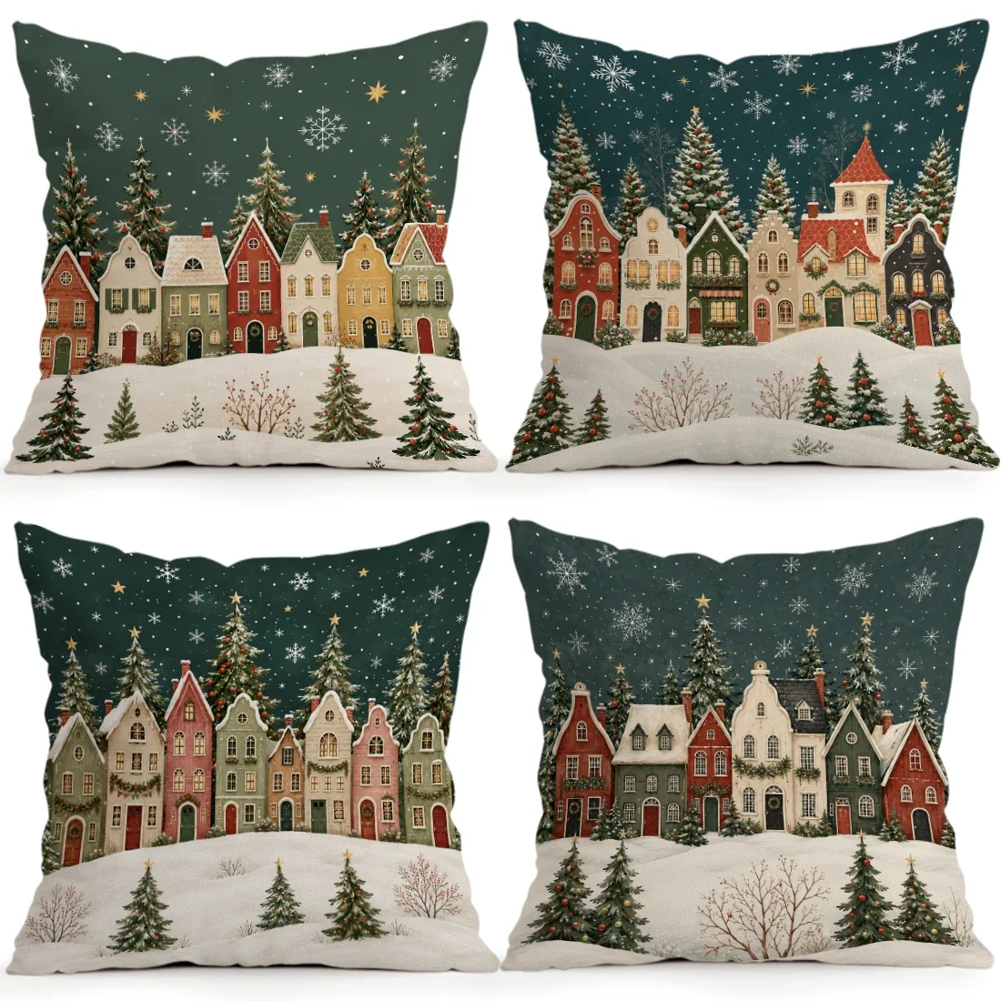 1/4pcs Christmas Fairy Tale Town Cushions Pillowcase Polyester Cushion Cover Throw Pillow Pillowcover Home Car Sofa Decor