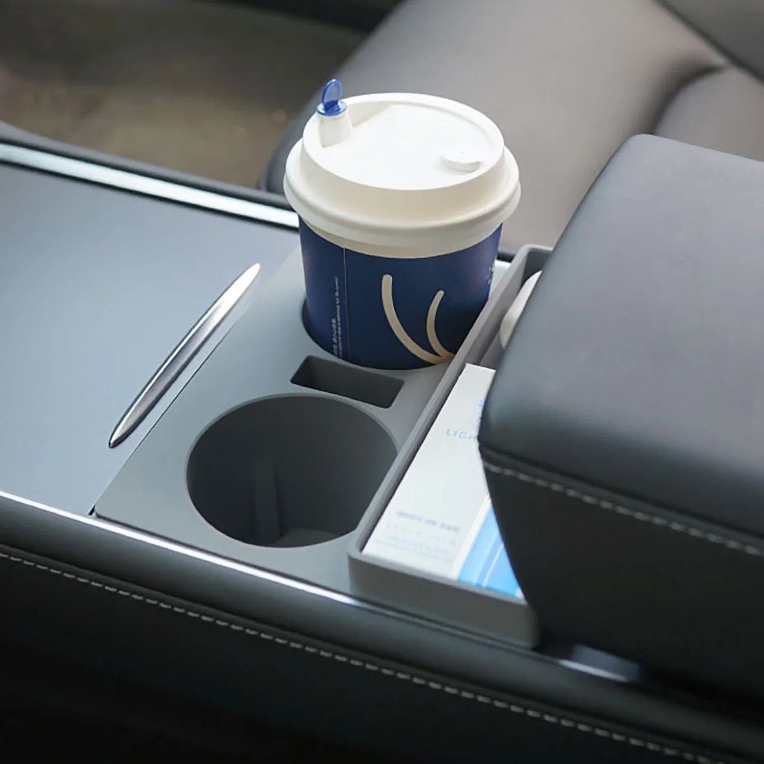 Tesla Cup Holder Insert with Key Card Holder & Storage Design Compatible with Model 3 Model Y, Washable Food-Grade Silicone