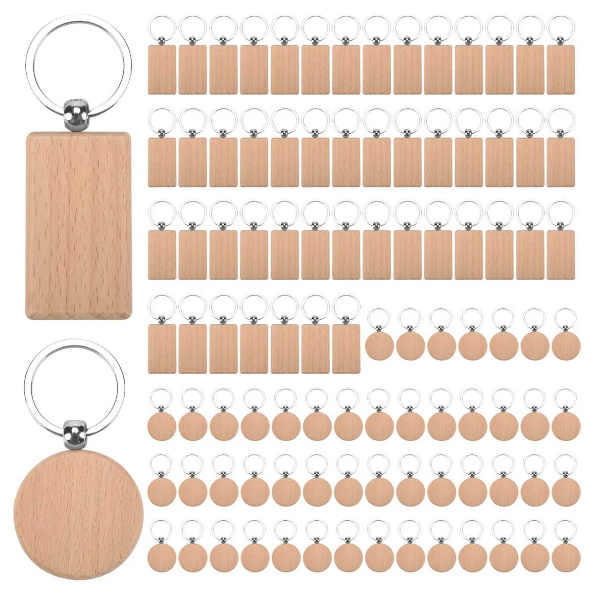 100Pcs DIY Blank Wooden Key Chain Rectangle Heart Round Ellipse Carving Key Ring Wood Key Chain Ring