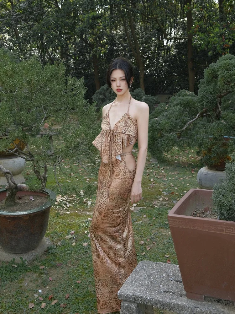 

Backless Hollow out Leopard Print Hong Kong Style Vacation New Chinese Style Dress Small Chrysanthemum River Chestnut Desert ...