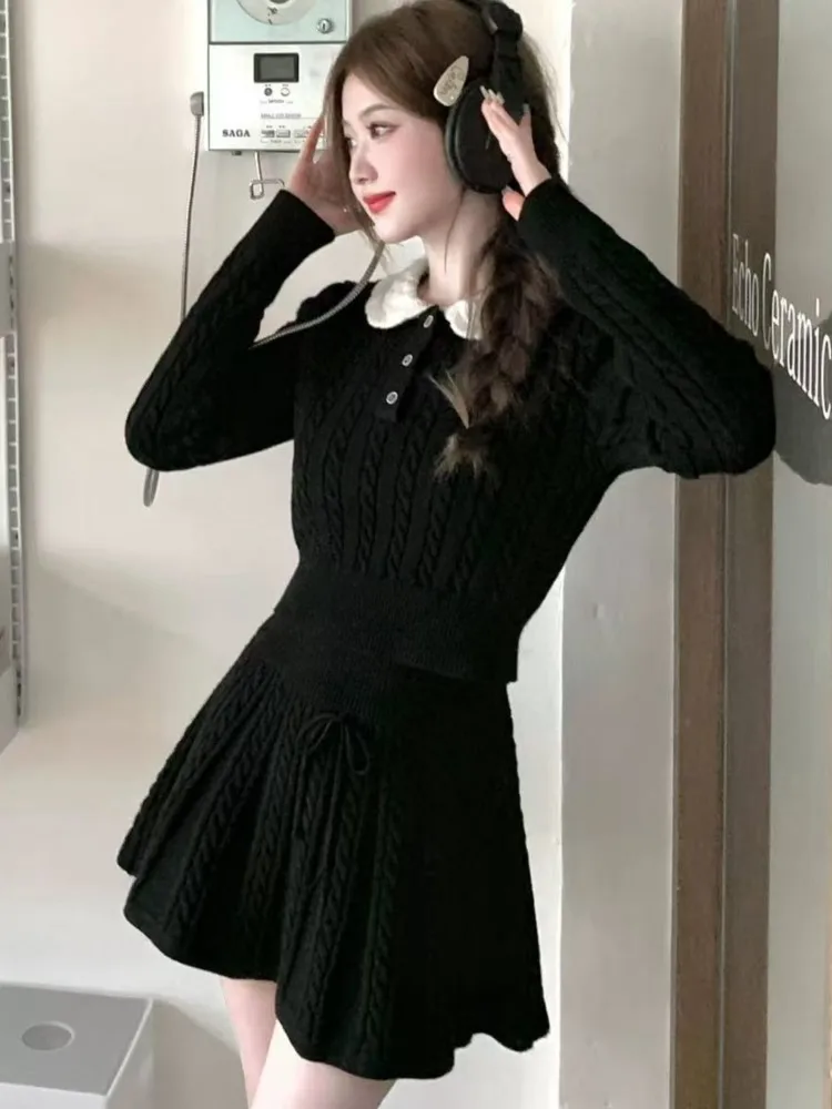 Women\'s Two Pieces Knitted Skirt Set Elegant Kawaii Long Sleeves Pullover Sweater + A-Line Mini Skirt Y2K Autumn Female Clothing