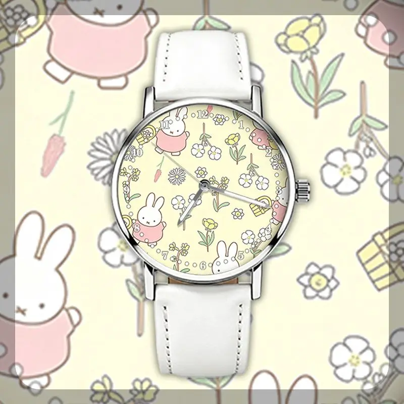 Cartoon Kawaii Miffy Wristwatch Circular Waterproof Quartz Special for Examination Super Long Battery Life Horseshoe Buckle New