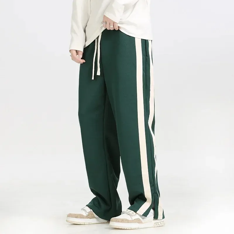 Men's Striped Slit Pants Spring Autumn Straight Wide Leg Trousers High Street Loose Casual Trousers 2023 Fashion Men Clothing