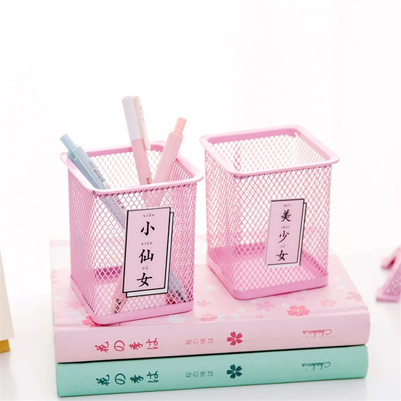 Pencil Cases Kawaii Korean Style Home Office Creative Pen Holder Square Round Pen Pot Fairy Pink Stationery Storage Bucket