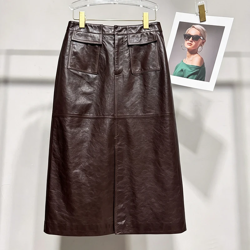 Autumn High Waist Genuine Waxed Sheepskin Midi Skirt for Women Front Split A Line Skirt with Cargo Pockets Vintage Leather Skirt