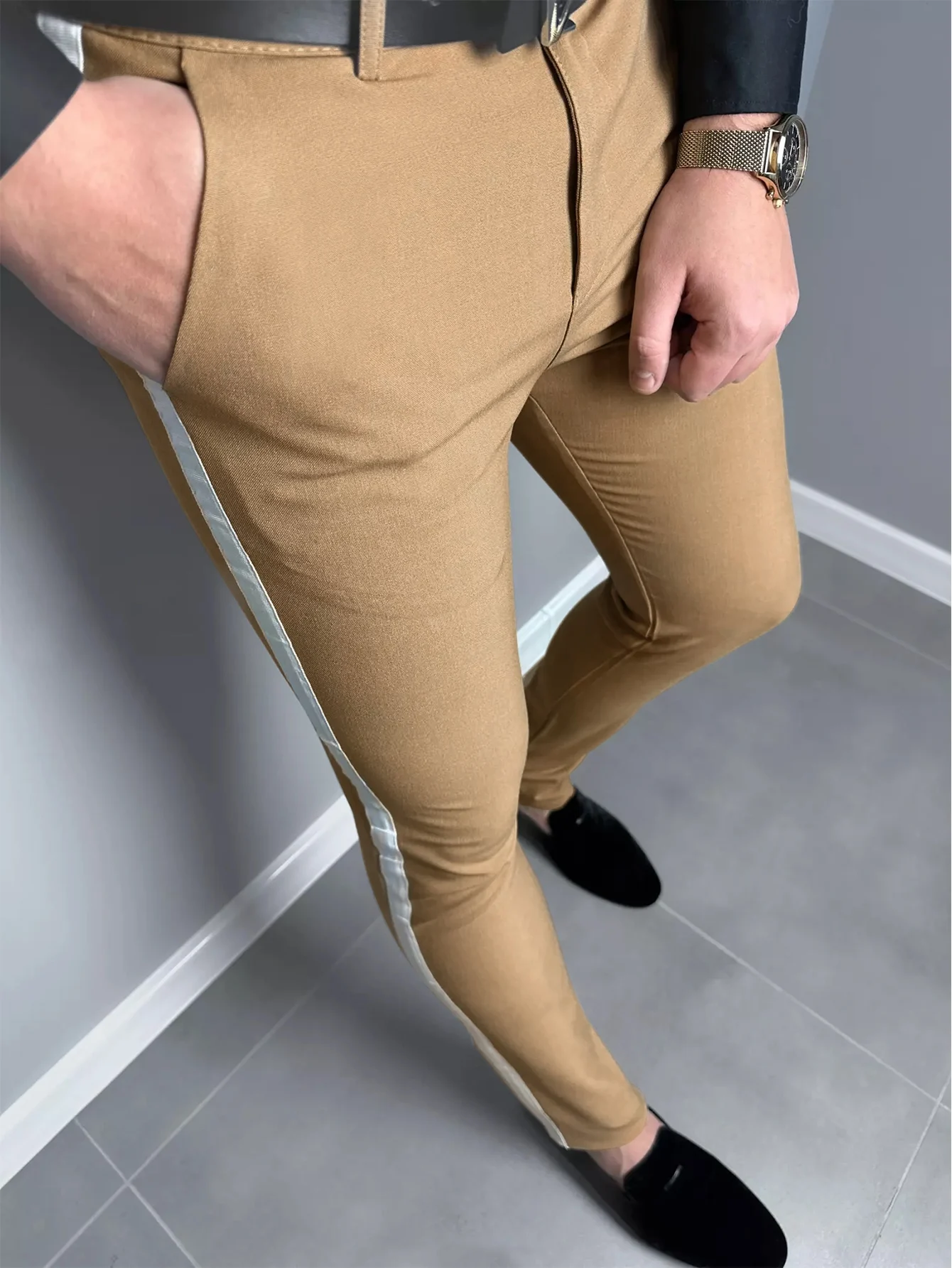 Fashion Light Business Men\'s Trousers Solid Color Splicing White Side Stripe Slim Pants Daily Versatile Traveling