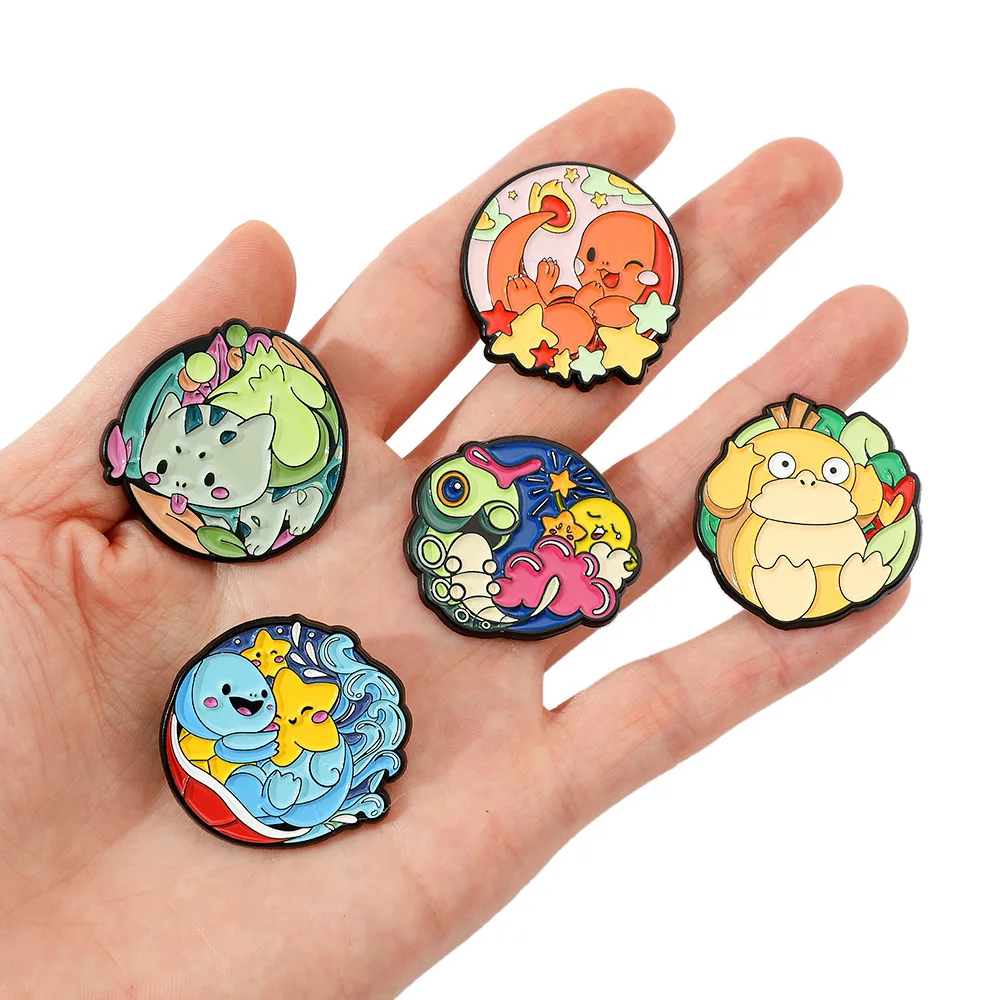 5Pcs Pokemon Enamel Pins Set Bulbasaur Charmander Squirtle Psyduck Anime Character Brooch Badge Gift for Fans Accessories