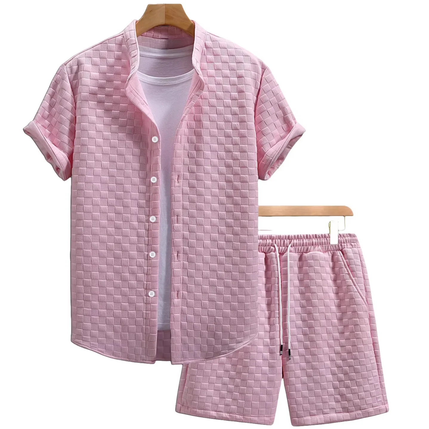 

Vintage Mens Plaid Jacquard Two Piece Sets Summer Fashionable Short Sleeve Button-up Shirts And Bottoms Suits Men Casual Outfits