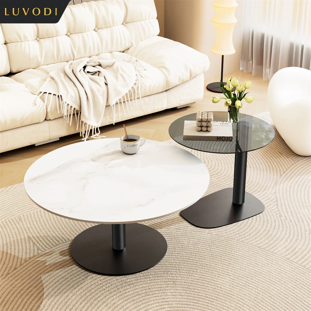 LUVODI Modern Round Marble Coffee Table Set of 2 Living Room Center Table Sofa Side Desk with Black Glass End Table w Metal Legs