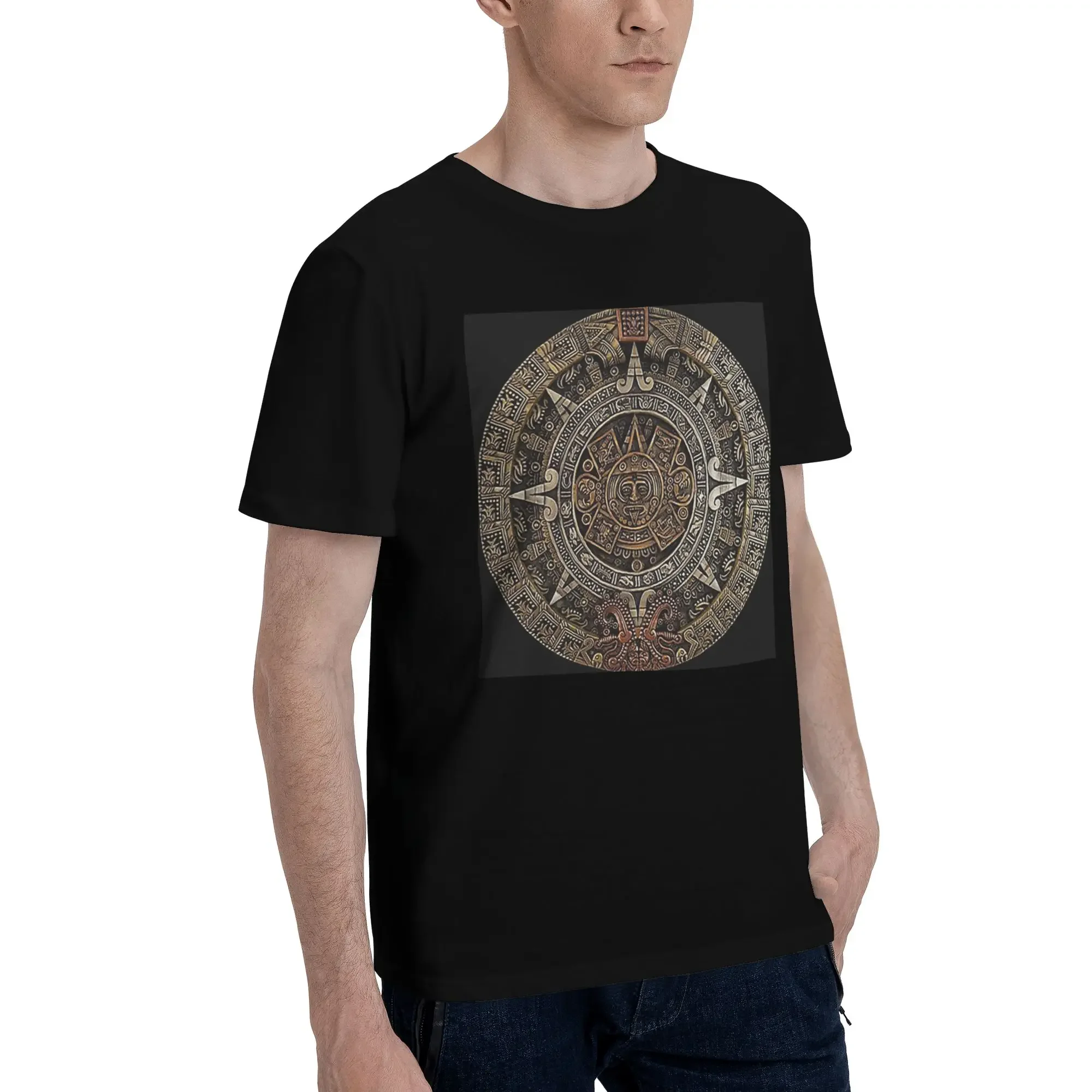 AztecMayan Calendar in Gold and Bronze Men T-Shirt Oversized T Shirts Men's Round Neck Cotton Tees Short Summer Male