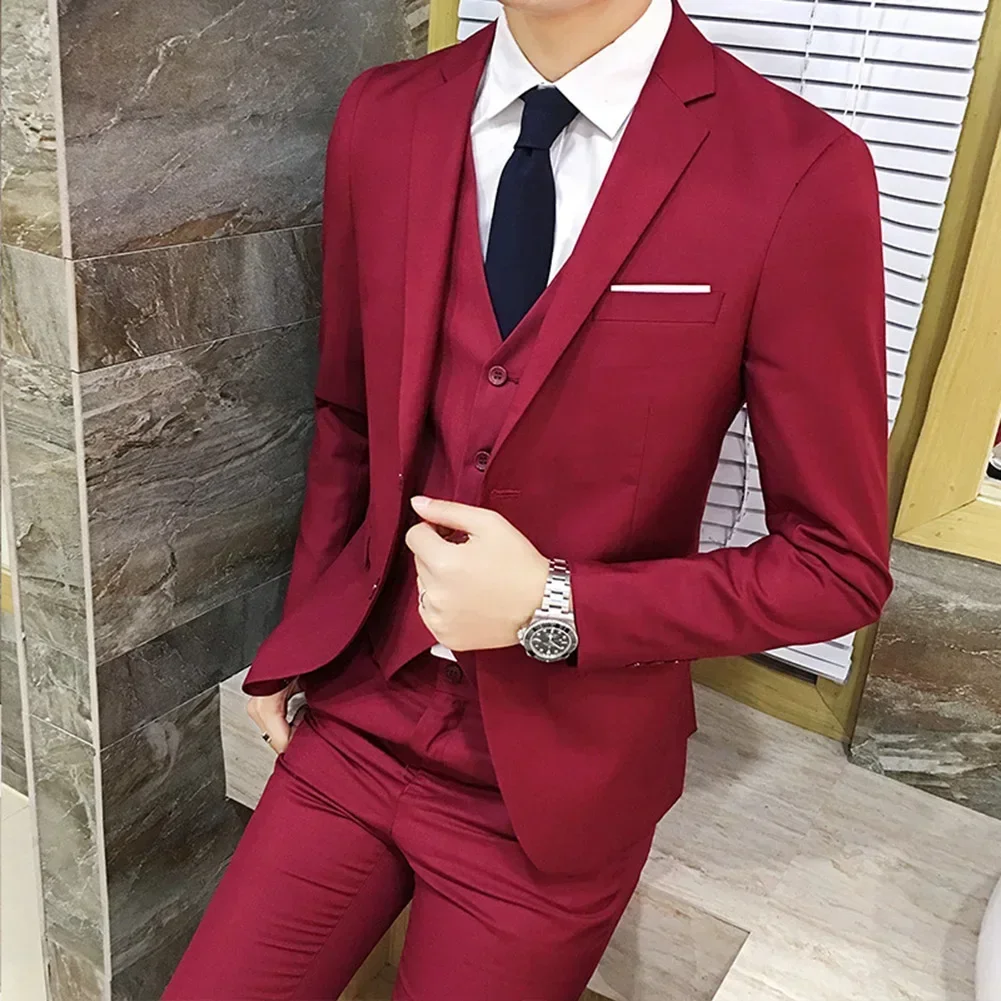 Men Suit Regular Slight Stretch Three Piece Set Trousers Blazer Waistcoat Casual For Office Business Comfortable