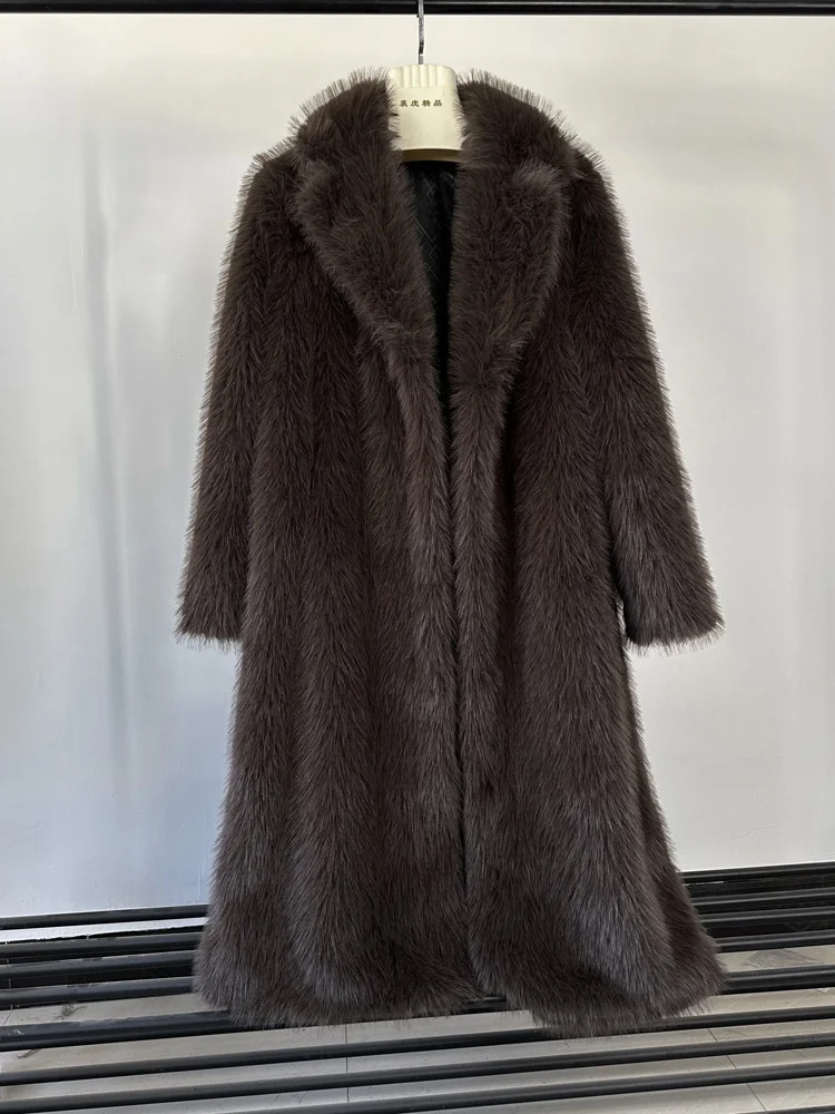 Luxury High End Elegant Women's Suit Collar Faux Fur Long Sleeve Longline Loose Thick Warm Fluffy Solid ColorWinter Maxi Coat