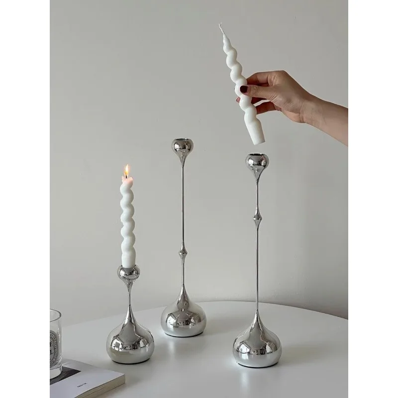 3pcs  Electroplated Metal Taper Candle Holder Slender Stem Water Drop Base Minimalist Table Art Prop For Restaurant Shooting