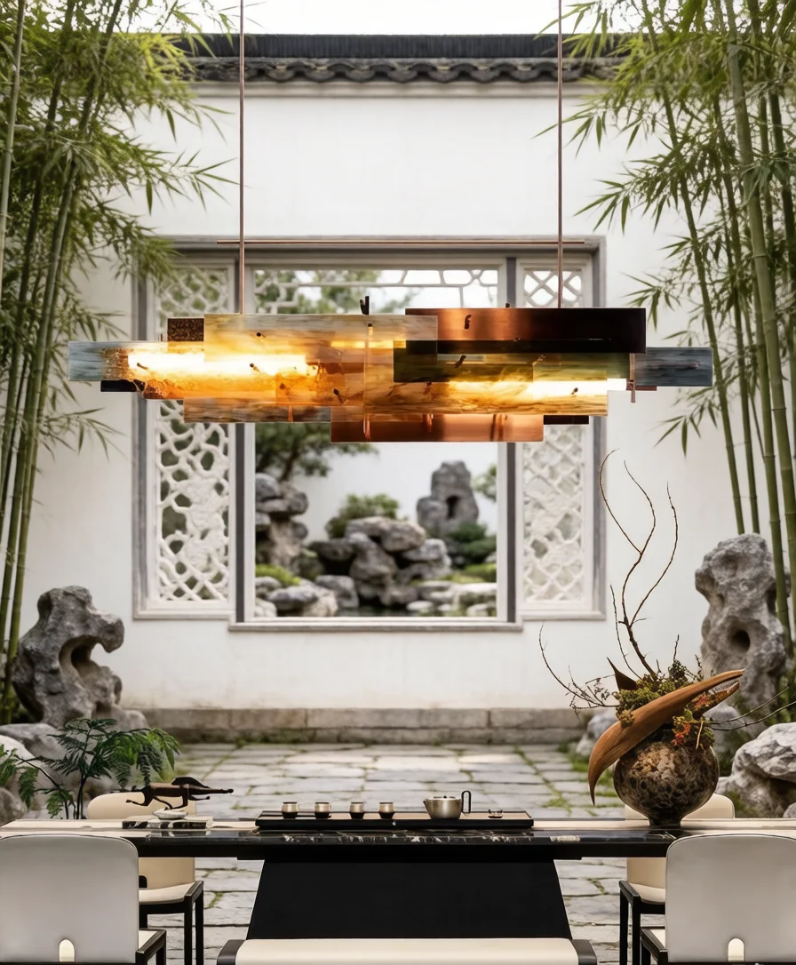 Modern Natural Onyx Linear Chandelier Luxury Marble Pendant Light with Overlapping Panels Dimmable LED Hanging Lamp for Dining