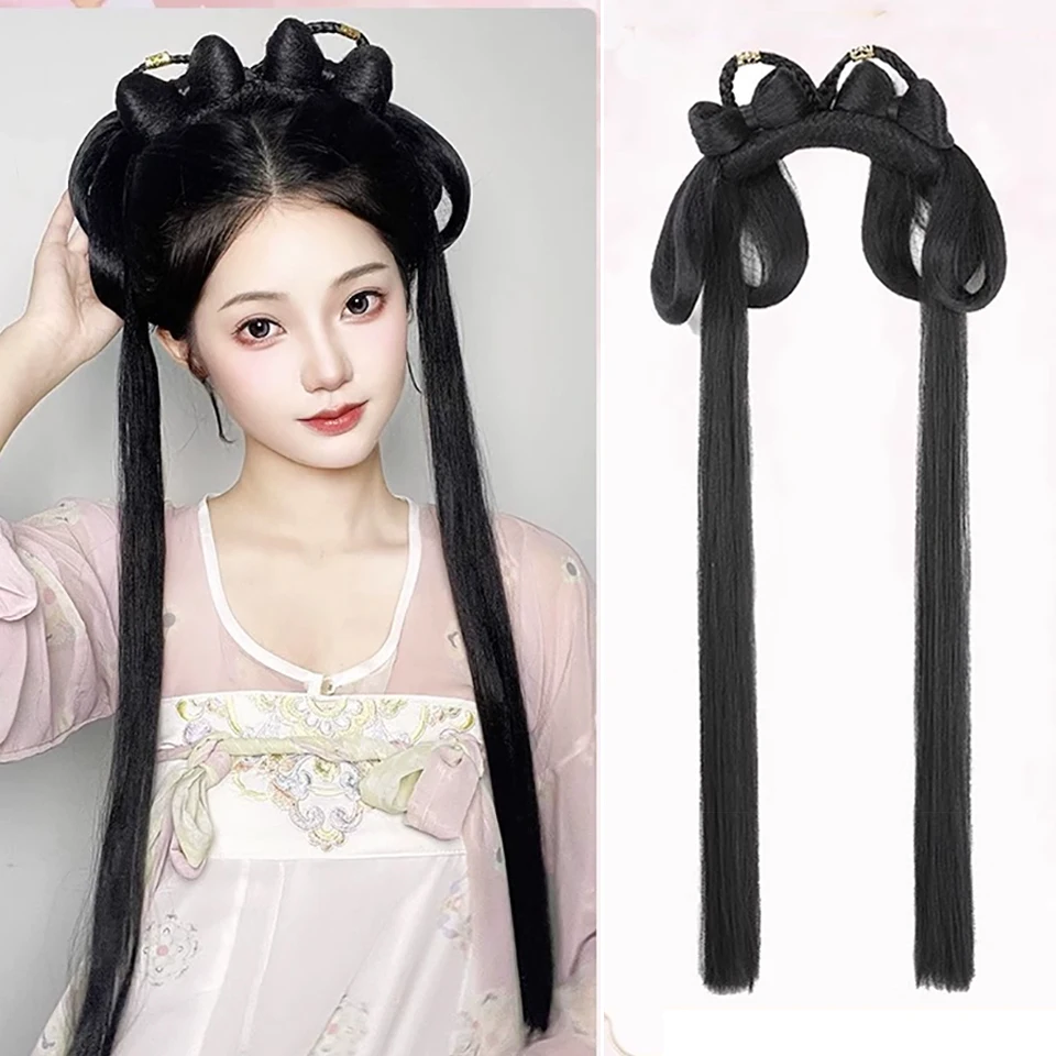 

Synthetic Hanfu Wig Chinese Ancient Wigs for Women Headdress Photography Dance Accessory Long Straight Black Wigs With Headgear