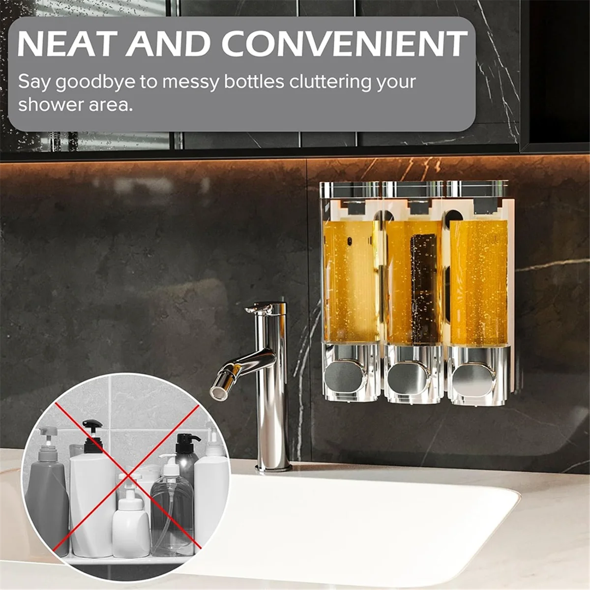 HOT 3-in-1 Chamber Wall Mounted Bathroom Shower Pump Dispenser and Organizer-Holds Shampoo, Soap, Conditioner,Body Wash
