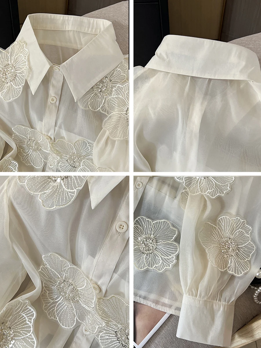 Spring Summer Long Sleeve Sequins Petals Applique White Beige Mesh Shirts and Blouses For Women Sexy See- through Tops
