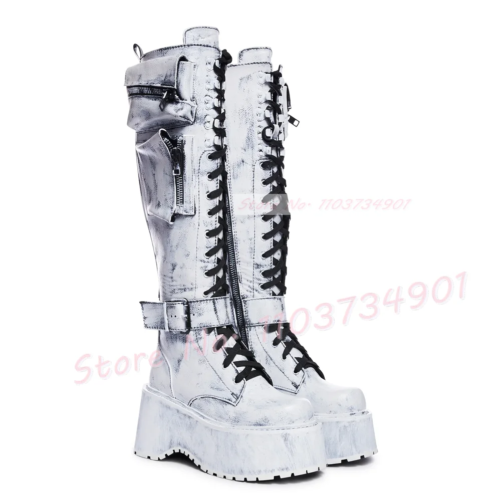 White Pocket Combat Boots Women Thick Sole Platform Side Zipper Shoes Ladies Summer Punk Nifty Strap Big Size High Heels Booties