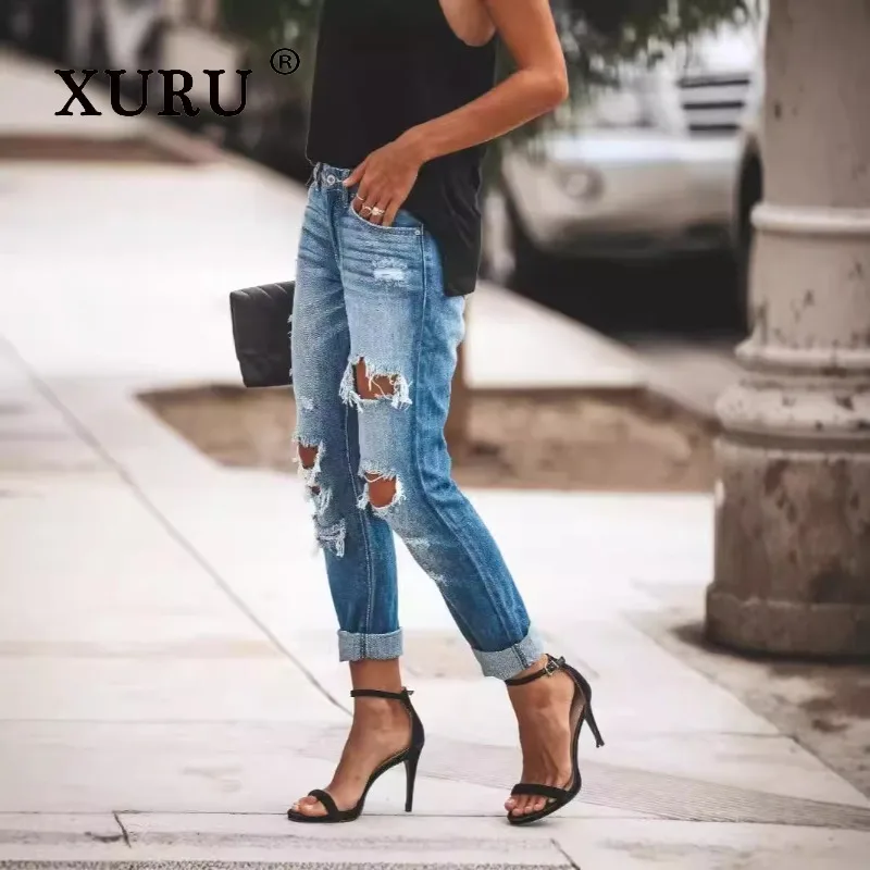 

XURU — новые женские приталенные рваные джинсы в стиле ретро, модные шорты, синие длинные джинсовые брюки с прямыми штанинами