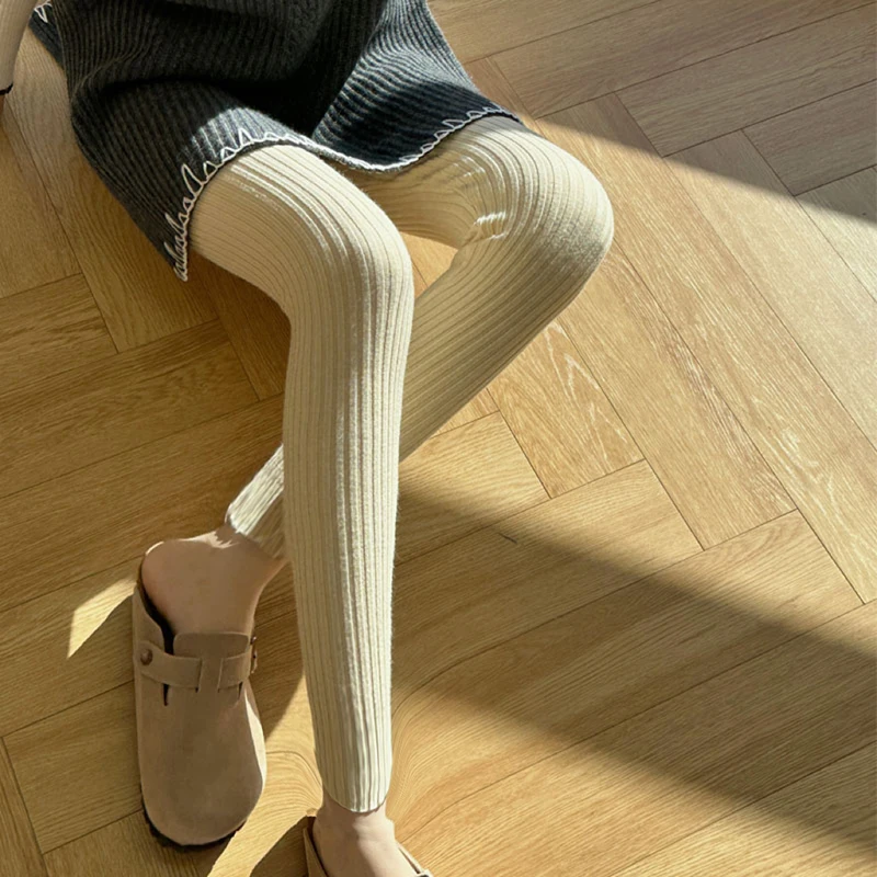 Pantalon droit moulant taille haute tricoté en laine 100% avec cordon de serrage pour garder au chaud des Leggings féminins, automne et hiver