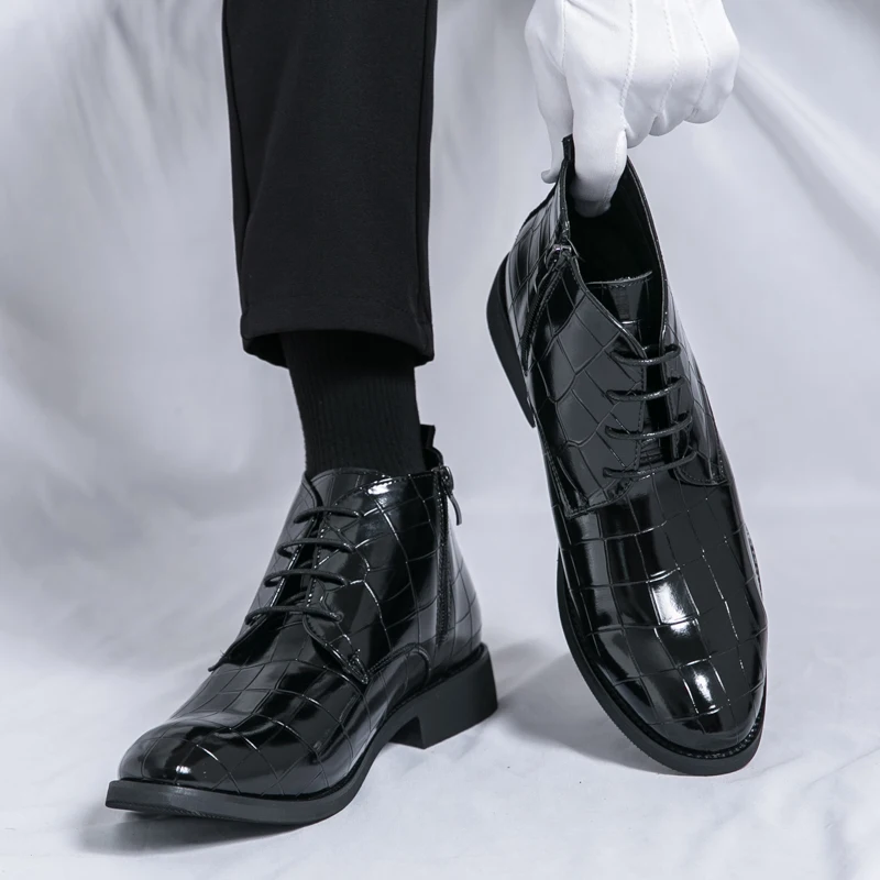 

Horse boots Men's high-top breathable men's shoes 2025 autumn new style leather boots British business men's check side zipper