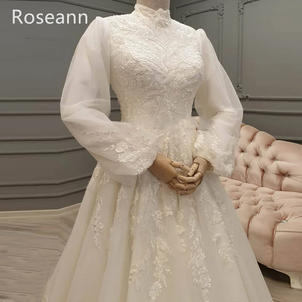 Muslim High Quality Ivory A-line Wedding Dresses High Collar Draped Pleat Applique Bride Dresses Floor Length robe de mariée