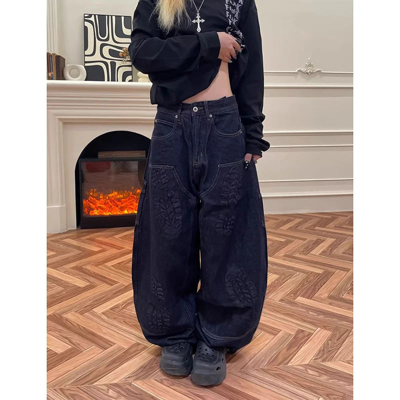 

Women Jeans Blue Vintage High Waisted Straight Denim Trouser Y2K 90s Hip Hop American Streetwear Wide Leg Classic Denim Pants