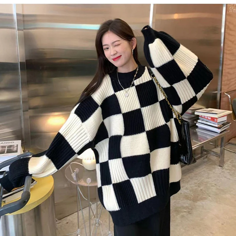 Gidyq Women Checkerboard Knitted Sweater Autumn Korean Casual Warm Loose Long Sleeve Top Female Streetwear All Watch Jumper New