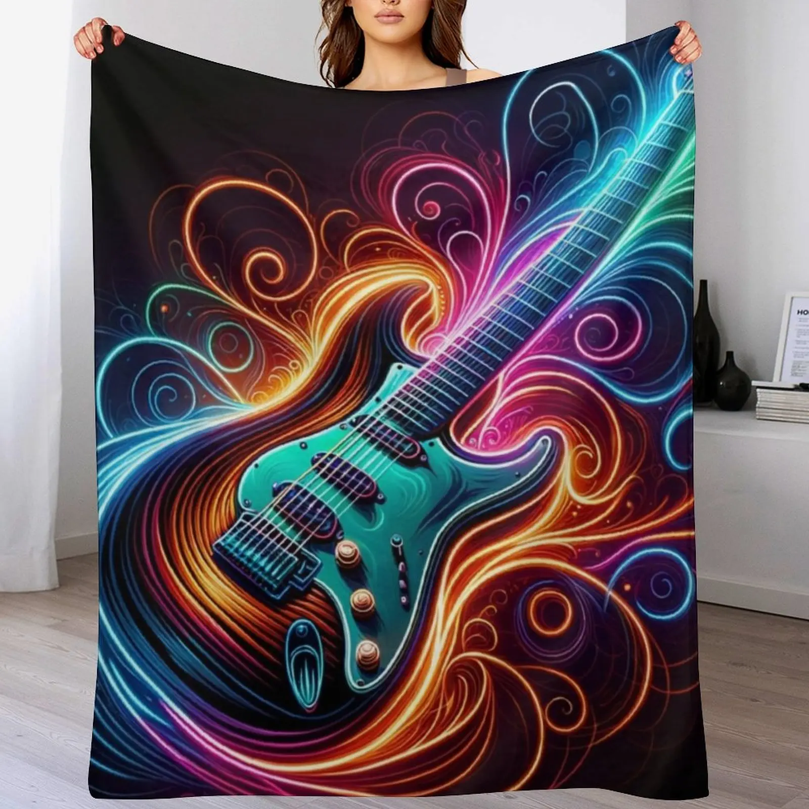 

Neon Groove - Electric Guitar Vibes Throw Blanket Machine Washable Soft Warm Blanket
