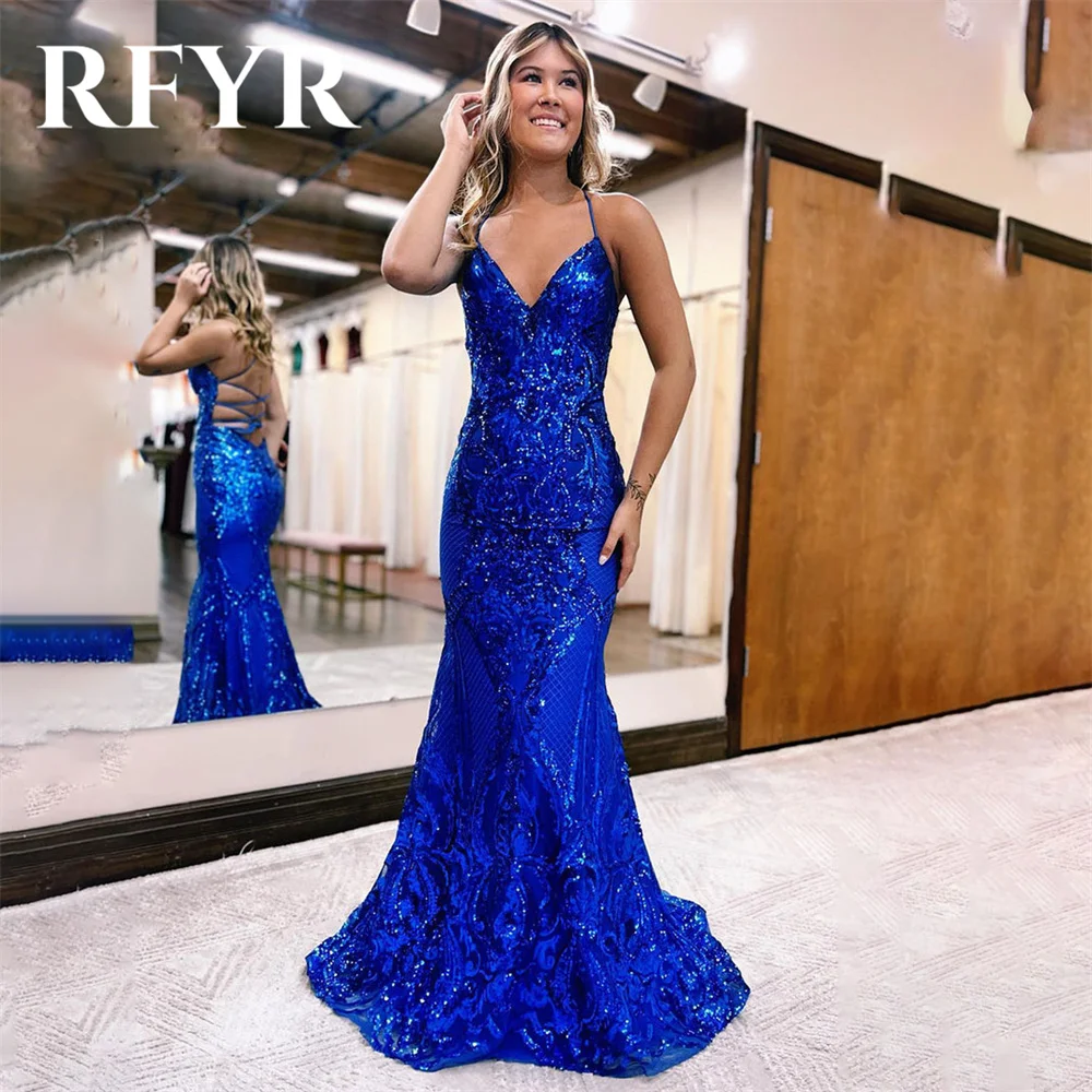 

RFYR Blue Elegant Sequins Women Evening Dress Spaghetti Strap Pleats Sleeveless Backless Trumpet Prom Formal Gowns Customized