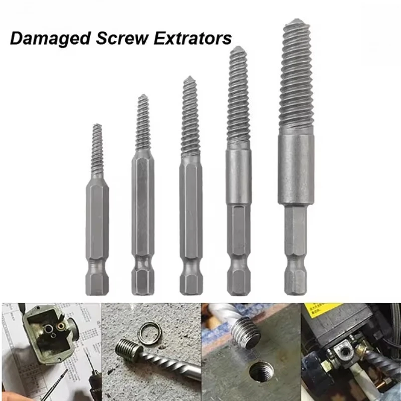 Extractor de tornillos de vástago Hexagonal, rodamiento de punta endurecida, Extractor de tornillos de cabeza rota de acero para diseño antideslizante roto, 5 uds.