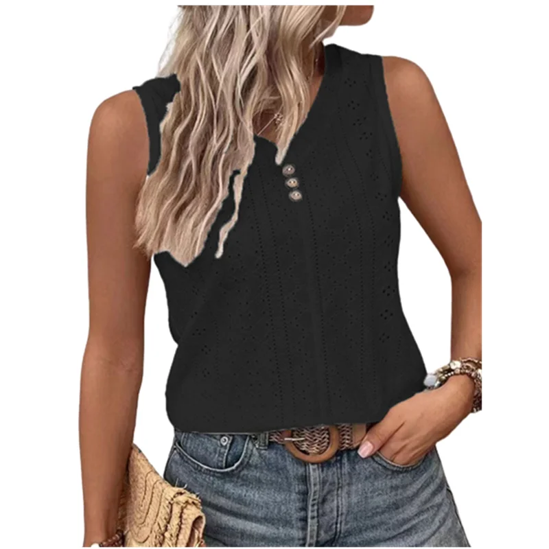 2023 Women Blouses Summer Sexy Tank Hollow V-Neck Button Loose Shirts Elegant Sweet Casual Sleeveless Solid Color Oversized Tops